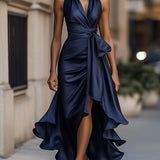 Damska Elegancka Satynowa Suknia Wieczorowa | Luksusowa Halter Midi z Falbanami 0