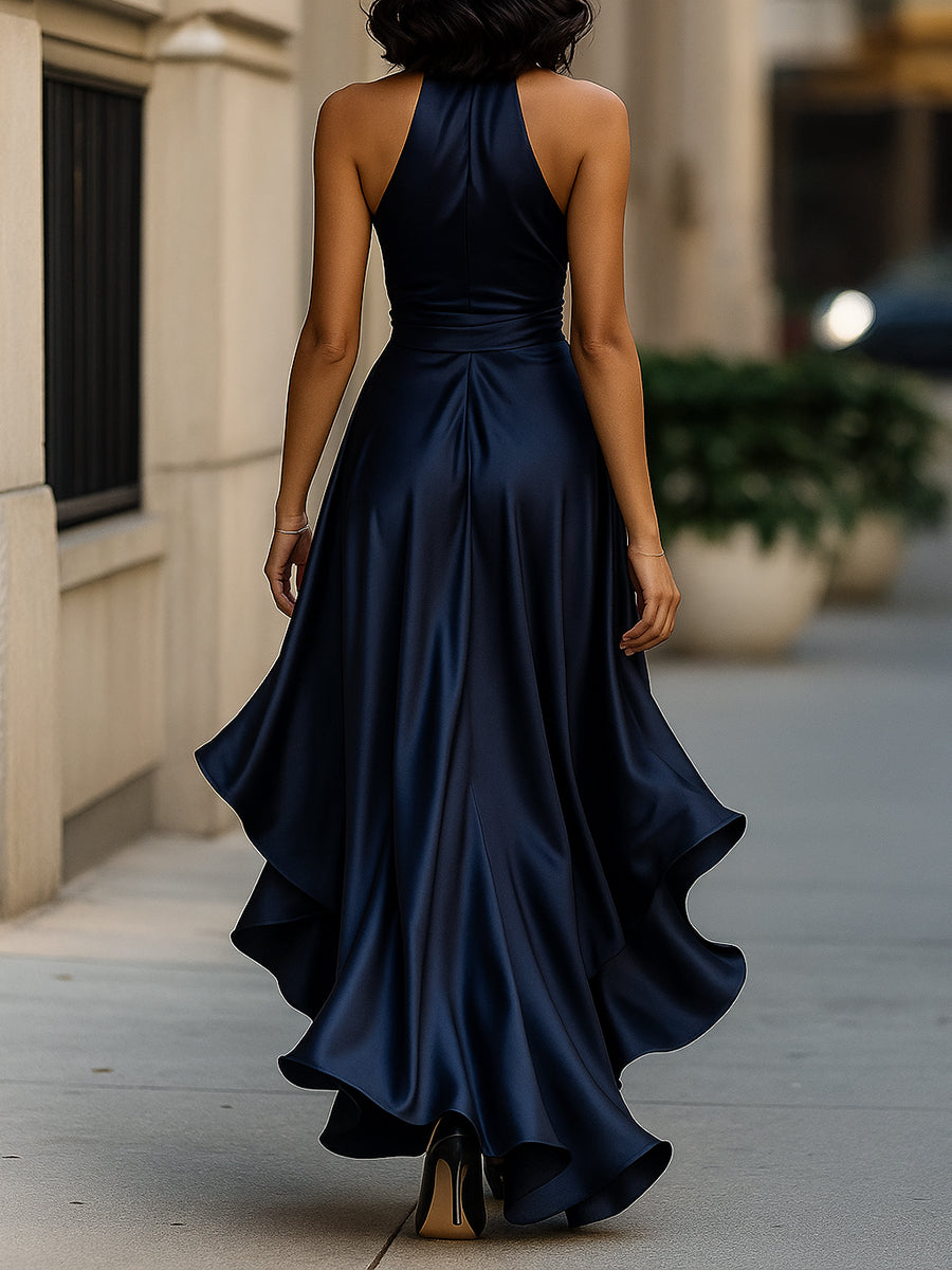 Damska Elegancka Satynowa Suknia Wieczorowa | Luksusowa Halter Midi z Falbanami 1