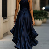 Damska Elegancka Satynowa Suknia Wieczorowa | Luksusowa Halter Midi z Falbanami 1