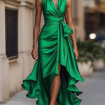 Damska Elegancka Satynowa Suknia Wieczorowa | Luksusowa Halter Midi z Falbanami 10