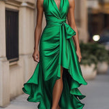 Damska Elegancka Satynowa Suknia Wieczorowa | Luksusowa Halter Midi z Falbanami 10