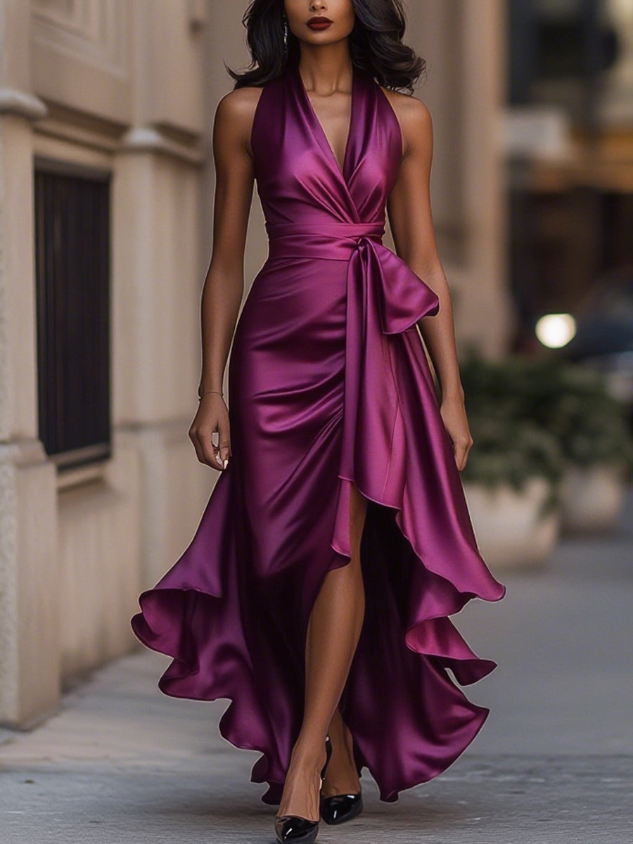 Damska Elegancka Satynowa Suknia Wieczorowa | Luksusowa Halter Midi z Falbanami 12