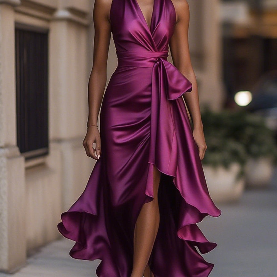 Damska Elegancka Satynowa Suknia Wieczorowa | Luksusowa Halter Midi z Falbanami 12