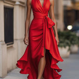 Damska Elegancka Satynowa Suknia Wieczorowa | Luksusowa Halter Midi z Falbanami 14