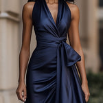 Damska Elegancka Satynowa Suknia Wieczorowa | Luksusowa Halter Midi z Falbanami 2