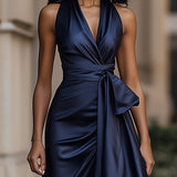 Damska Elegancka Satynowa Suknia Wieczorowa | Luksusowa Halter Midi z Falbanami 2