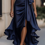 Damska Elegancka Satynowa Suknia Wieczorowa | Luksusowa Halter Midi z Falbanami 3