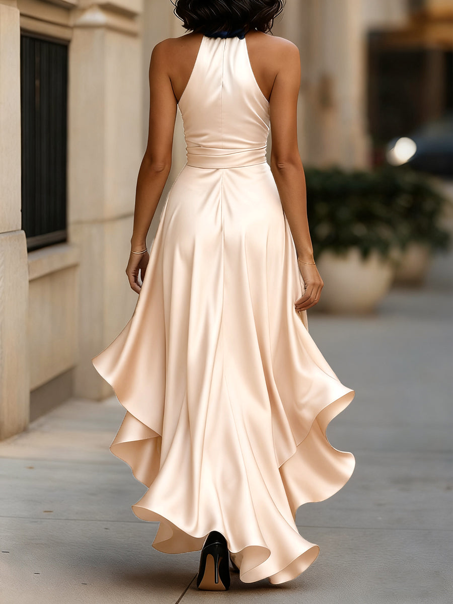 Damska Elegancka Satynowa Suknia Wieczorowa | Luksusowa Halter Midi z Falbanami 5