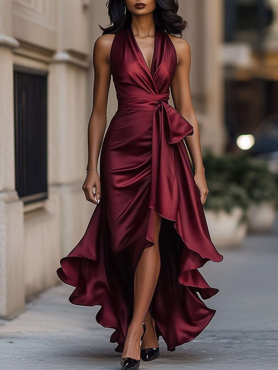 Damska Elegancka Satynowa Suknia Wieczorowa | Luksusowa Halter Midi z Falbanami 6