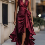 Damska Elegancka Satynowa Suknia Wieczorowa | Luksusowa Halter Midi z Falbanami 6