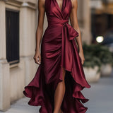 Damska Elegancka Satynowa Suknia Wieczorowa | Luksusowa Halter Midi z Falbanami 6