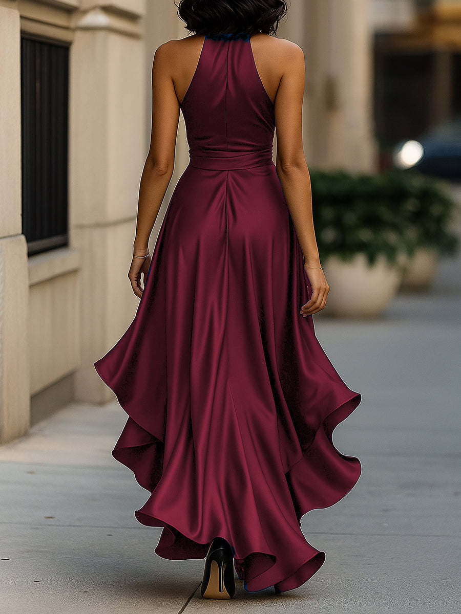 Damska Elegancka Satynowa Suknia Wieczorowa | Luksusowa Halter Midi z Falbanami 7