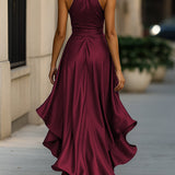 Damska Elegancka Satynowa Suknia Wieczorowa | Luksusowa Halter Midi z Falbanami 7