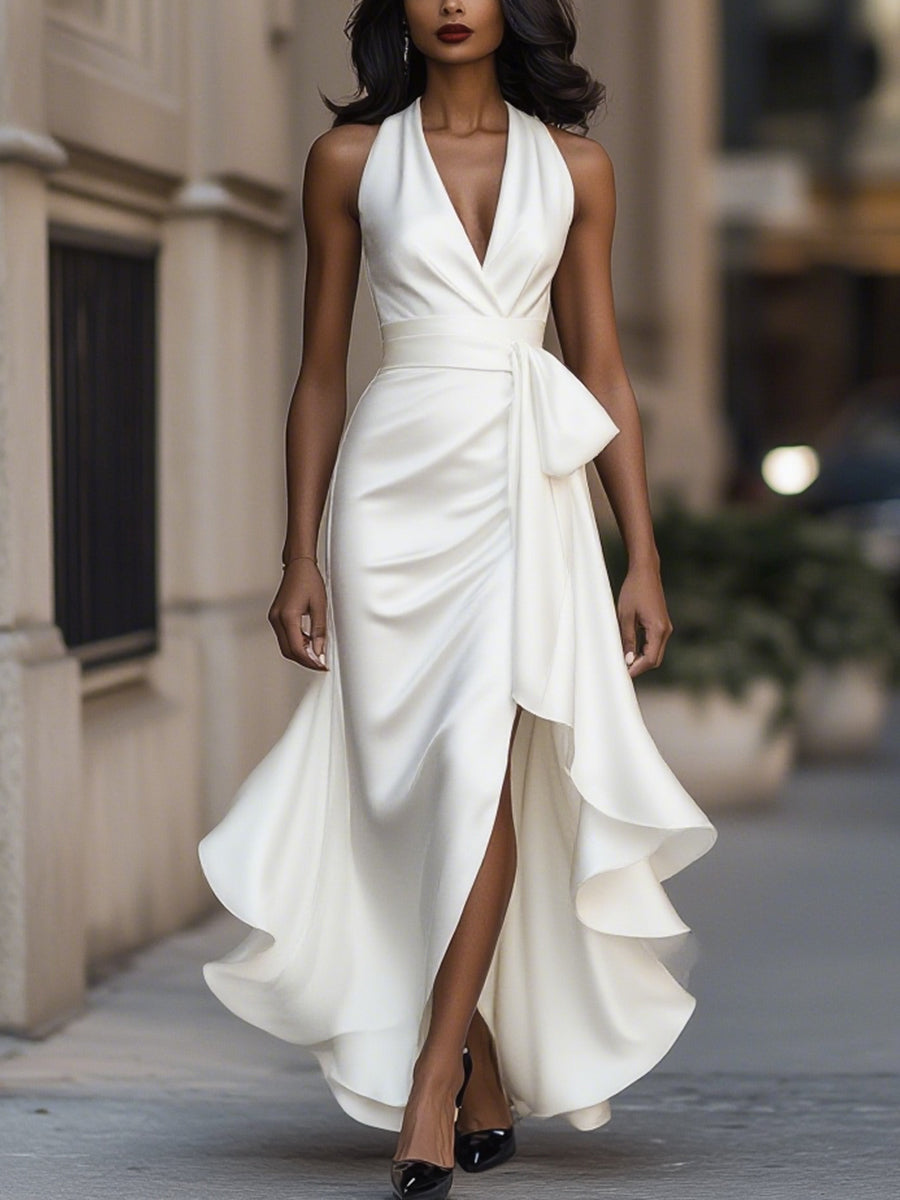 Damska Elegancka Satynowa Suknia Wieczorowa | Luksusowa Halter Midi z Falbanami 8