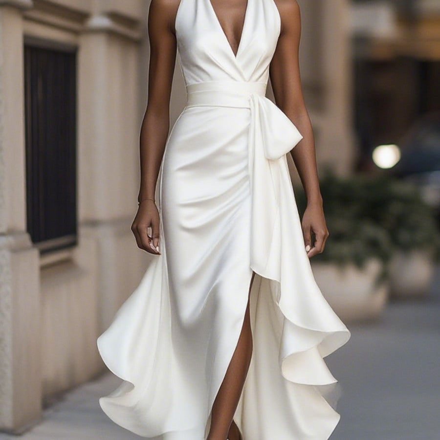 Damska Elegancka Satynowa Suknia Wieczorowa | Luksusowa Halter Midi z Falbanami 8