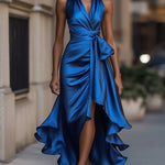 Damska Elegancka Satynowa Suknia Wieczorowa | Luksusowa Halter Midi z Falbanami 9