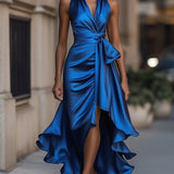 Damska Elegancka Satynowa Suknia Wieczorowa | Luksusowa Halter Midi z Falbanami 9