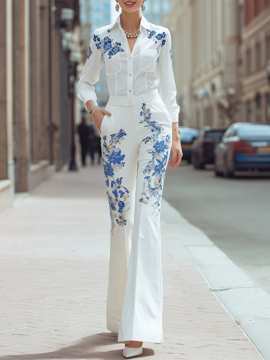 Damskie Haftowane Spodnie z Szerokimi Nogawkami | Eleganckie Kwiatowe Wzory na Wysokiej Talii 1