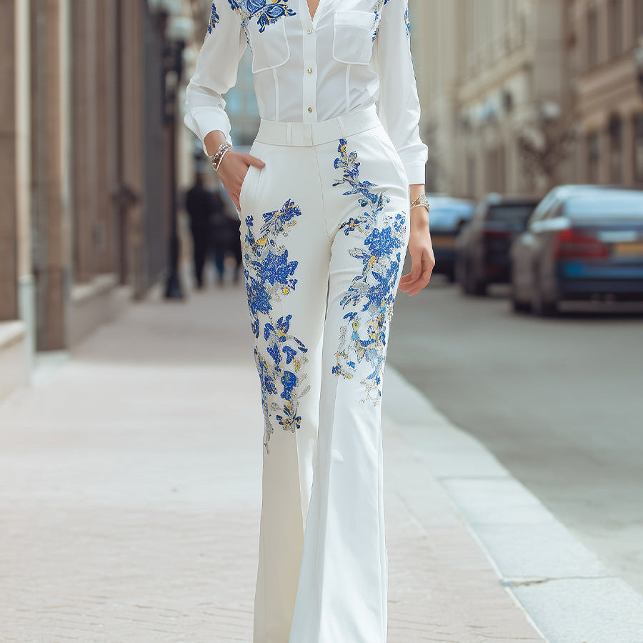 Damskie Haftowane Spodnie z Szerokimi Nogawkami | Eleganckie Kwiatowe Wzory na Wysokiej Talii 1