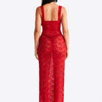 Kobieta Sukienka Sztruksowa Czerwona Sukienka na Wesele | Elegancka Vintage Dress z Kwadratowym Dekoltem 1